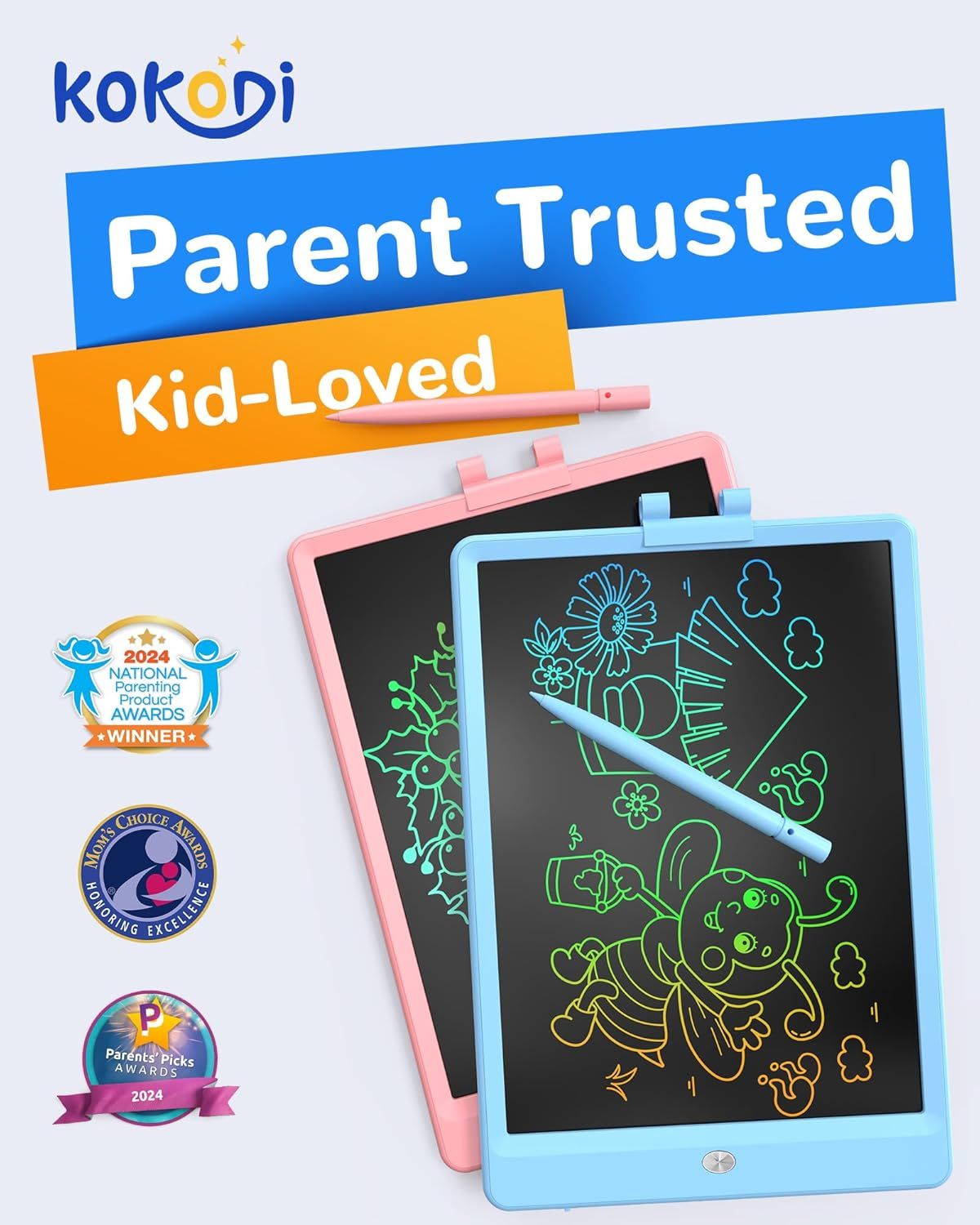 Establishes brand credibility and trust by highlighting the Kokodi brand name, emotional positioning ('Parent Trusted, Kid-Loved'), and multiple award badges…