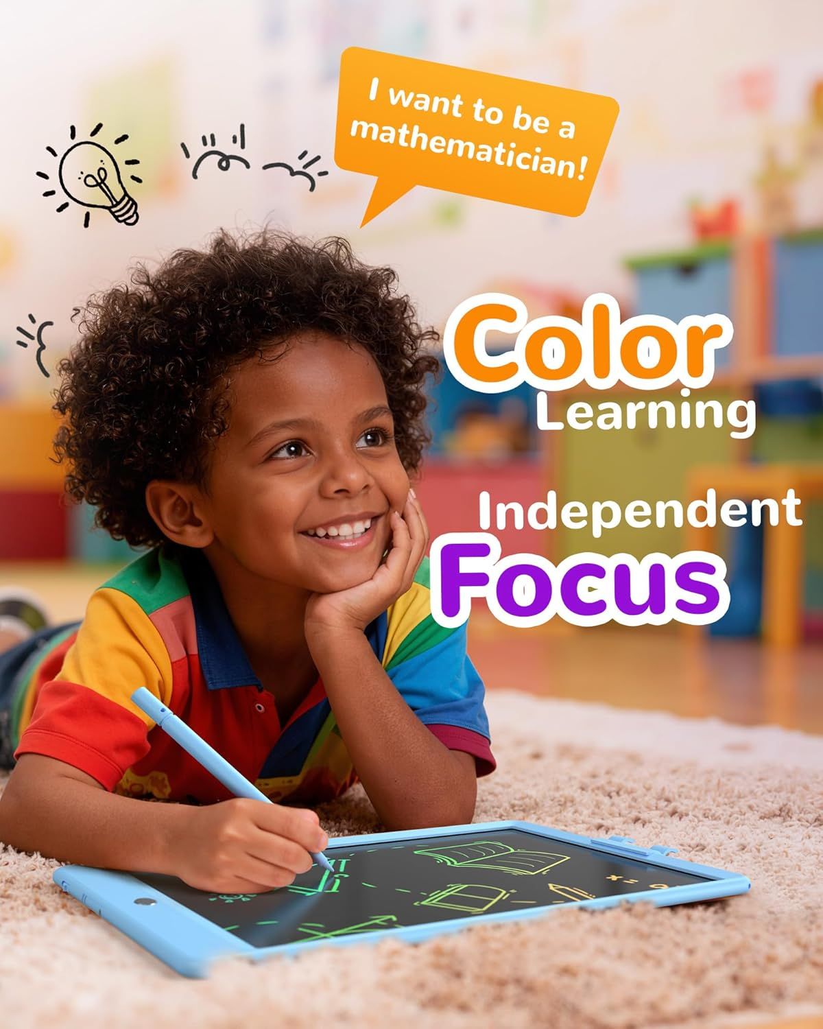 Communicates multiple educational benefits of the product including color-based learning, ability to foster independent focus, and engaging educational…