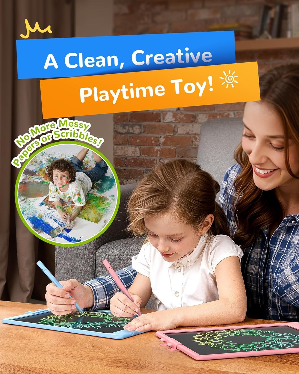Communicates that this drawing toy provides creative playtime without the mess of traditional art supplies like paper or markers, reassuring parents of easy…