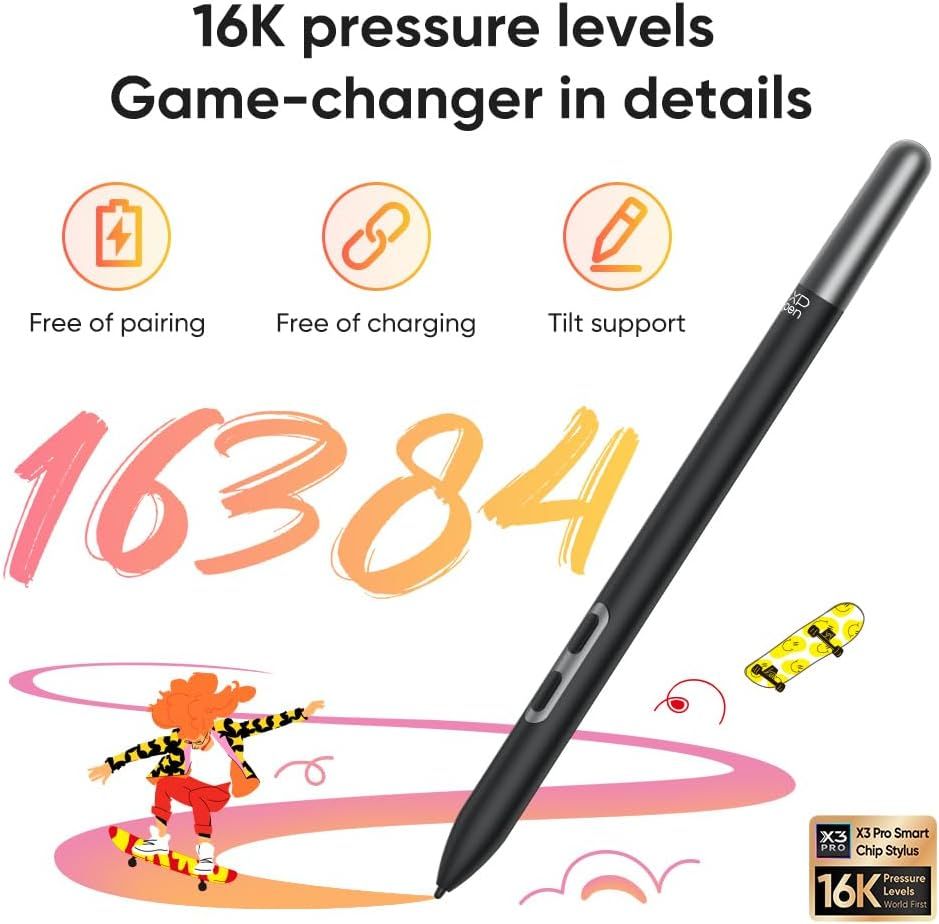 Communicates multiple technical benefits of the stylus pen in a segmented layout, emphasizing its advanced pressure sensitivity and convenience features to…