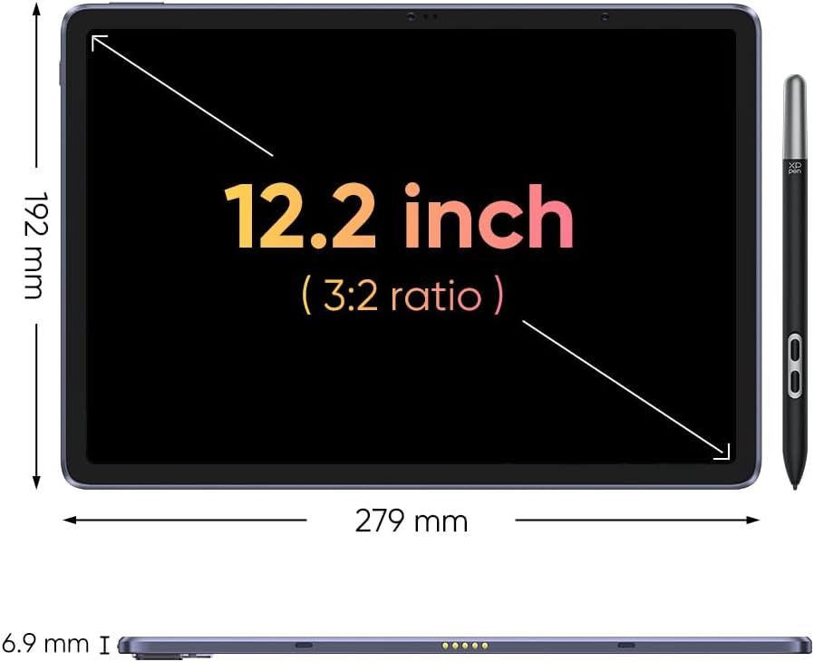 Communicates the exact physical dimensions of the tablet (screen diagonal, width, height, and thickness) to help shoppers understand the product's size and…