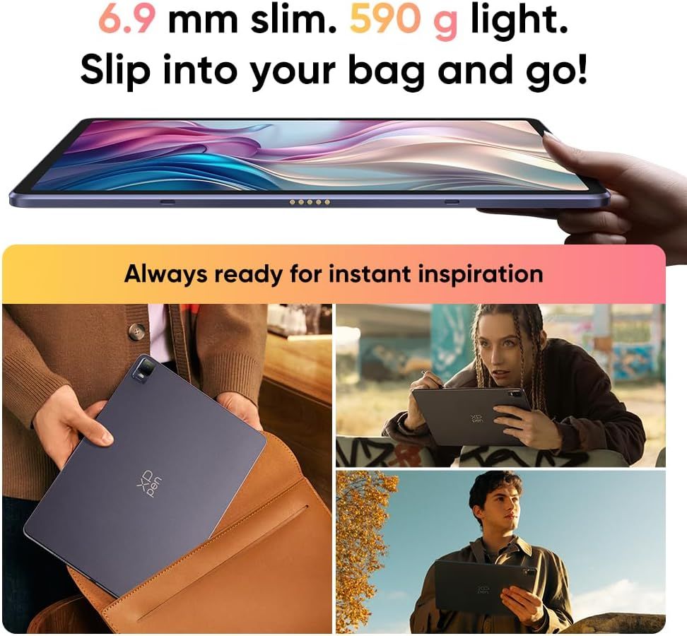 Communicates the tablet's ultra-slim and lightweight design to emphasize portability and convenience for on-the-go use. Reinforces the core benefit of…
