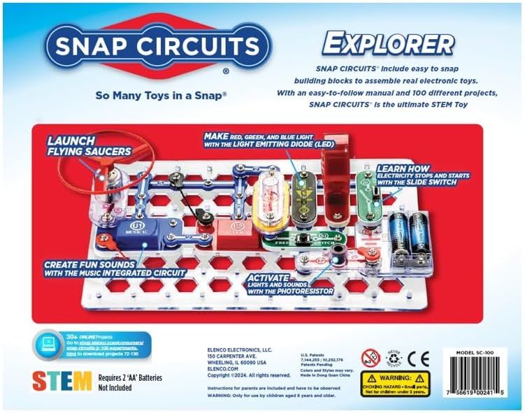 Showcases multiple distinct features and play functions of the SNAP CIRCUITS Explorer toy to demonstrate its versatility and educational value as a STEM…