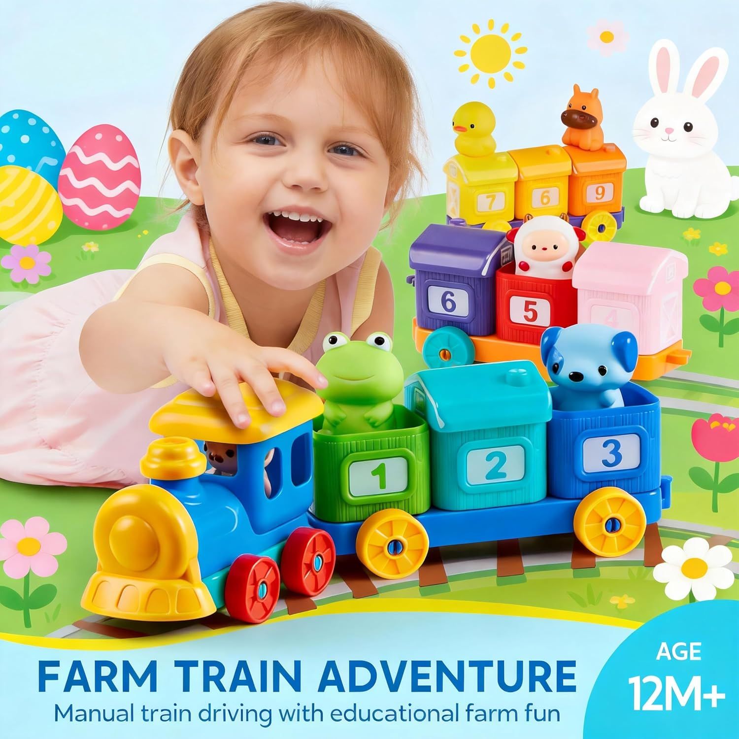 Communicates that this toy train offers educational farm-themed fun for toddlers 12 months and up, emphasizing learning through play.