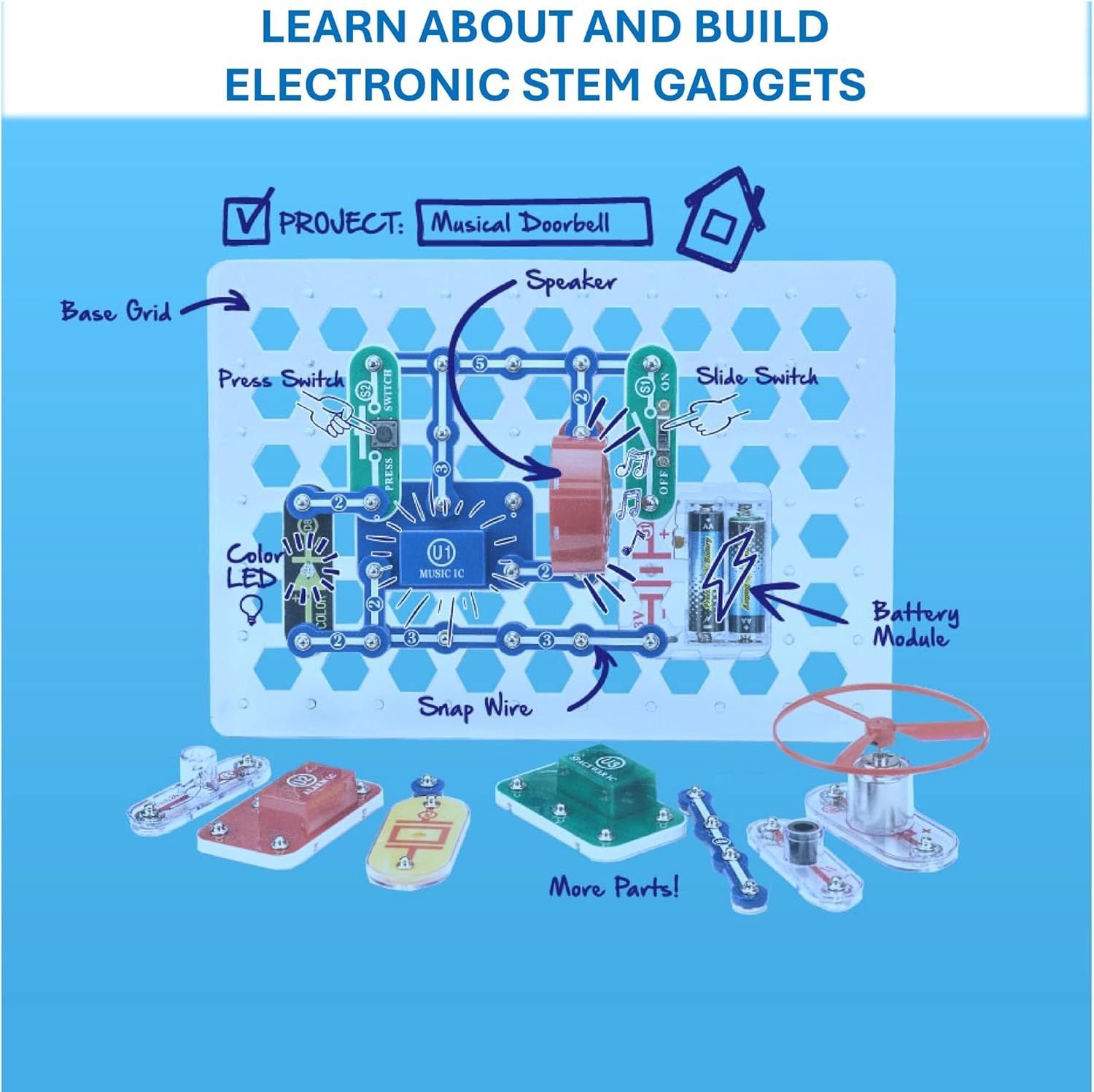 This image teaches shoppers how to assemble and build an electronic STEM gadget (musical doorbell) by showing the layout of components and how they connect…