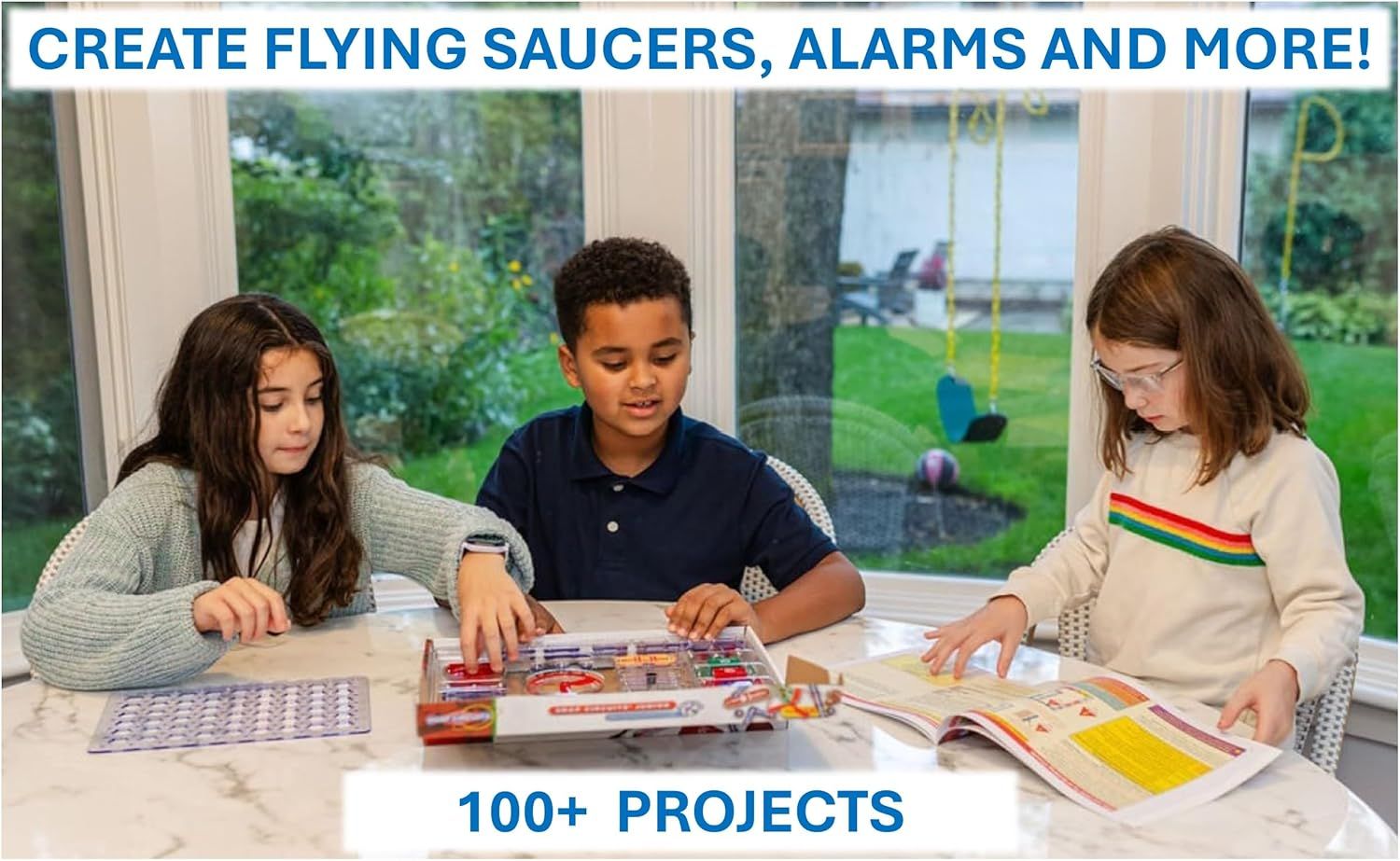 Demonstrates the versatility of the product by showing it can be used to create 100+ different projects including flying saucers and alarms, appealing to parents and children looking for diverse…