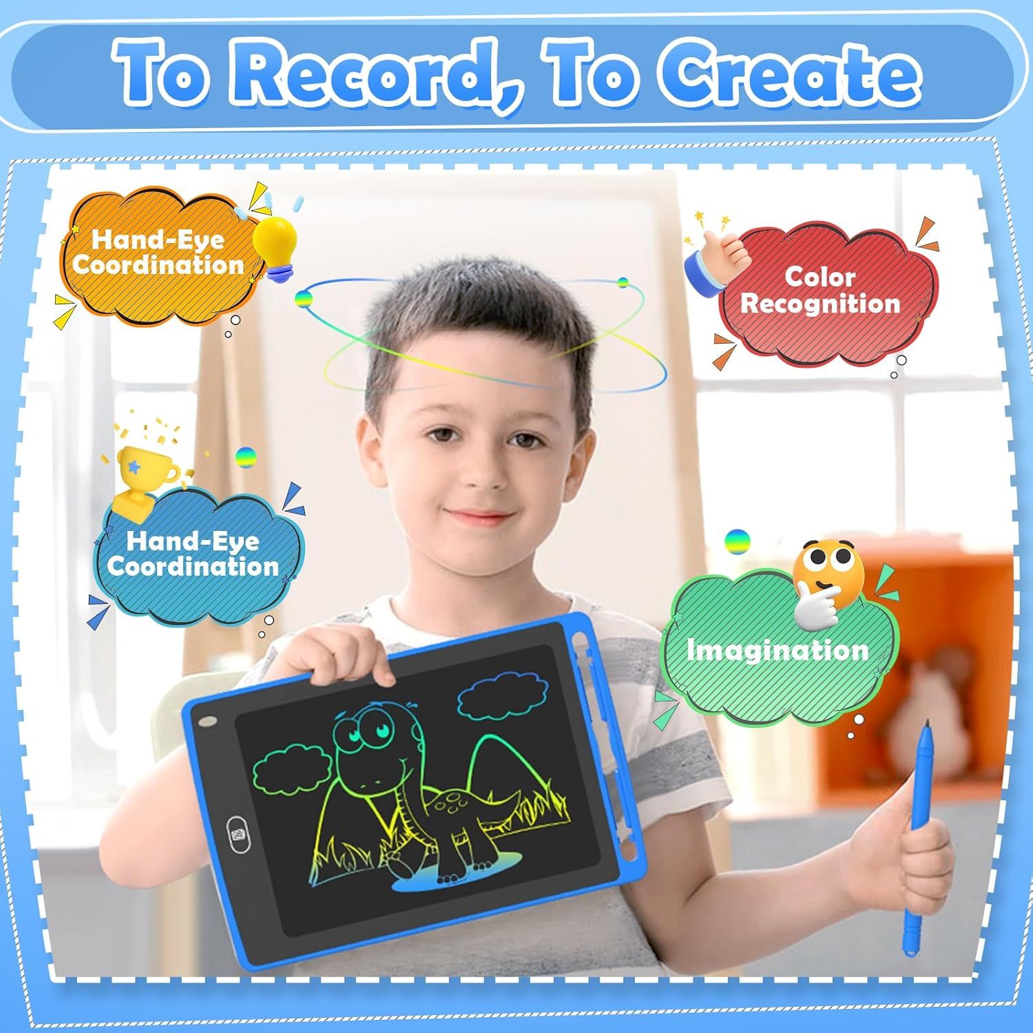 Communicates multiple developmental benefits of the drawing tablet for children, showing how it helps build coordination, color recognition, and creative…