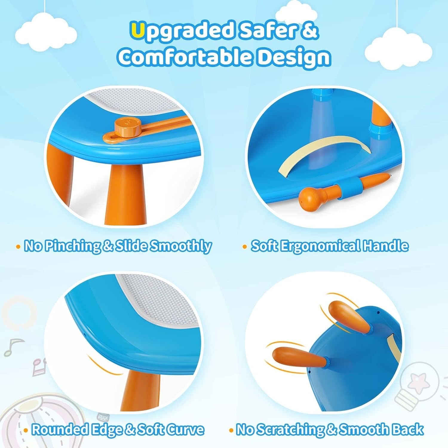 Communicates multiple safety and comfort features of the product through a segmented four-panel layout, reassuring parents that the product is designed with…