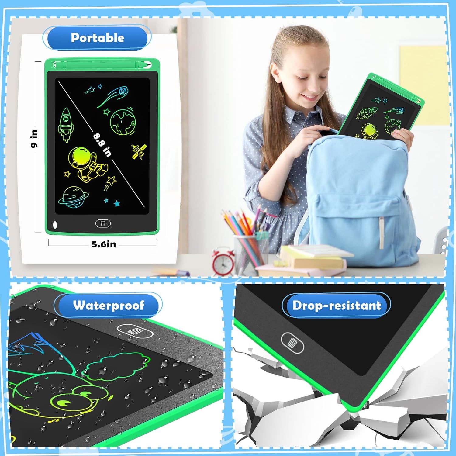 Communicates three distinct product benefits in a segmented layout: portability with size dimensions, waterproof protection, and drop-resistant durability to…