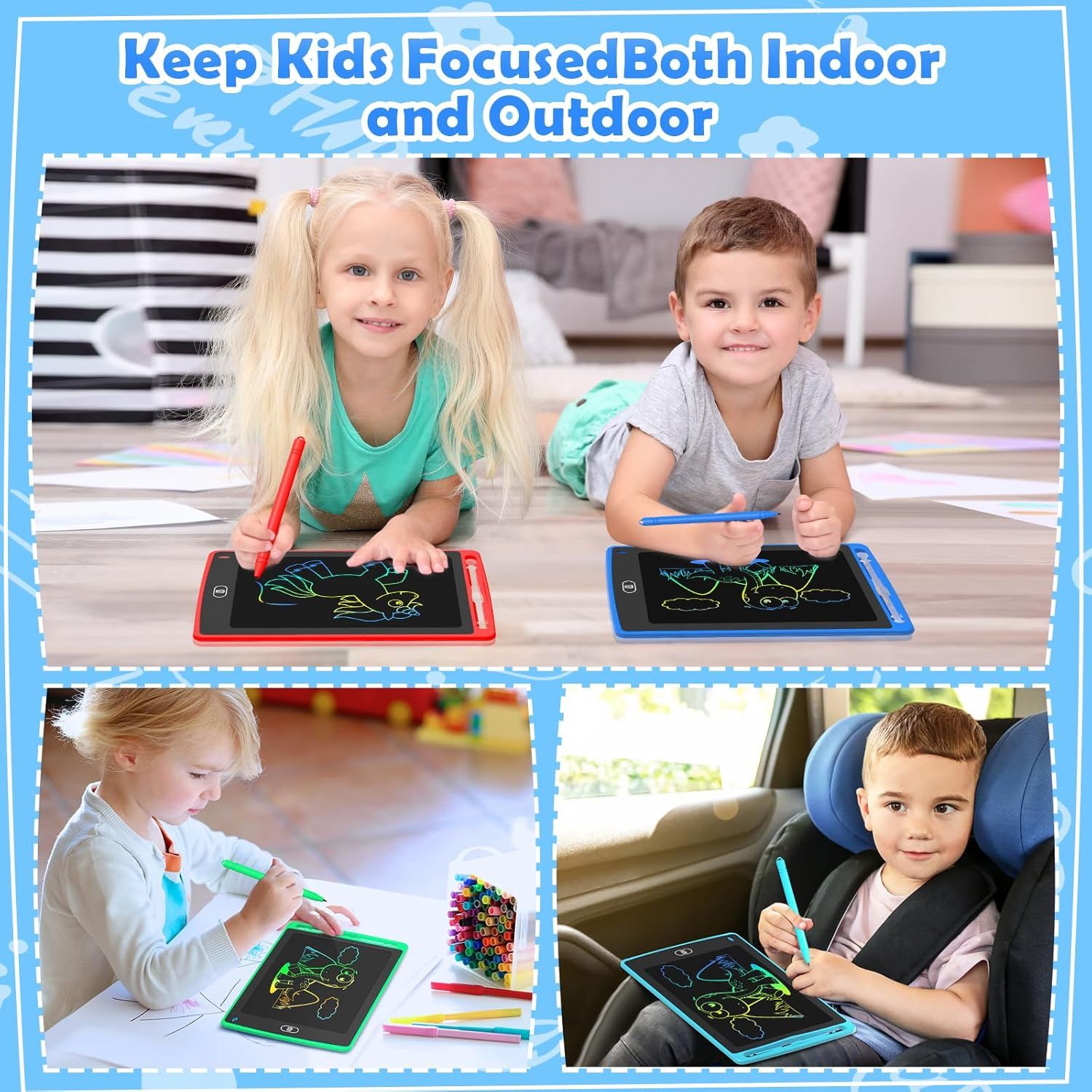 Demonstrates the product's versatility by showing children using the drawing tablets in multiple real-world contexts: at home indoors, during playtime, and while traveling in a car.