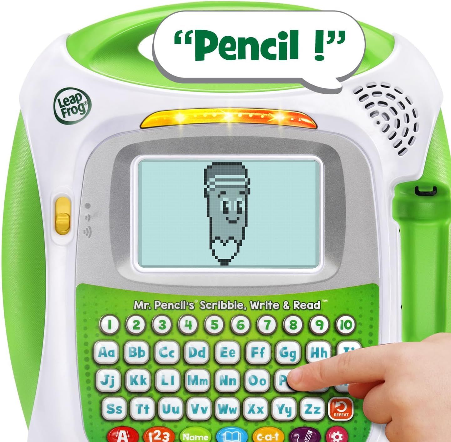 Demonstrates the product's interactive voice feature that speaks to children, making learning engaging and fun. The speech bubble 'Pencil!' shows how the toy…