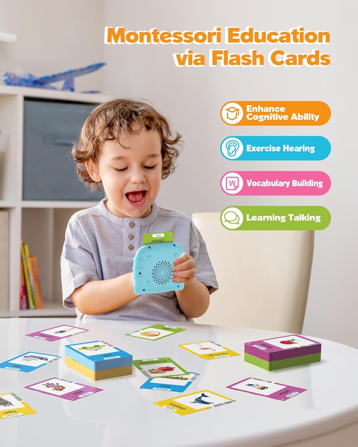 Communicates the multiple educational benefits of the Montessori flash card system, reassuring parents that the product supports comprehensive child development across cognitive, auditory,…