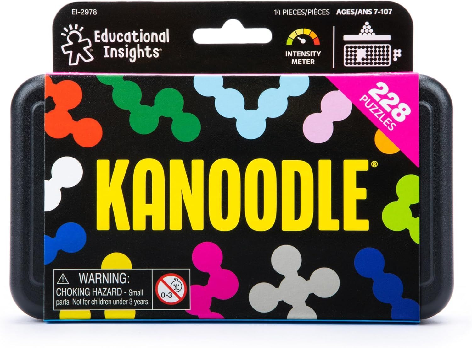 Shows the complete contents of the Kanoodle puzzle set, including the storage case and all puzzle pieces, to help shoppers understand what they receive in the…