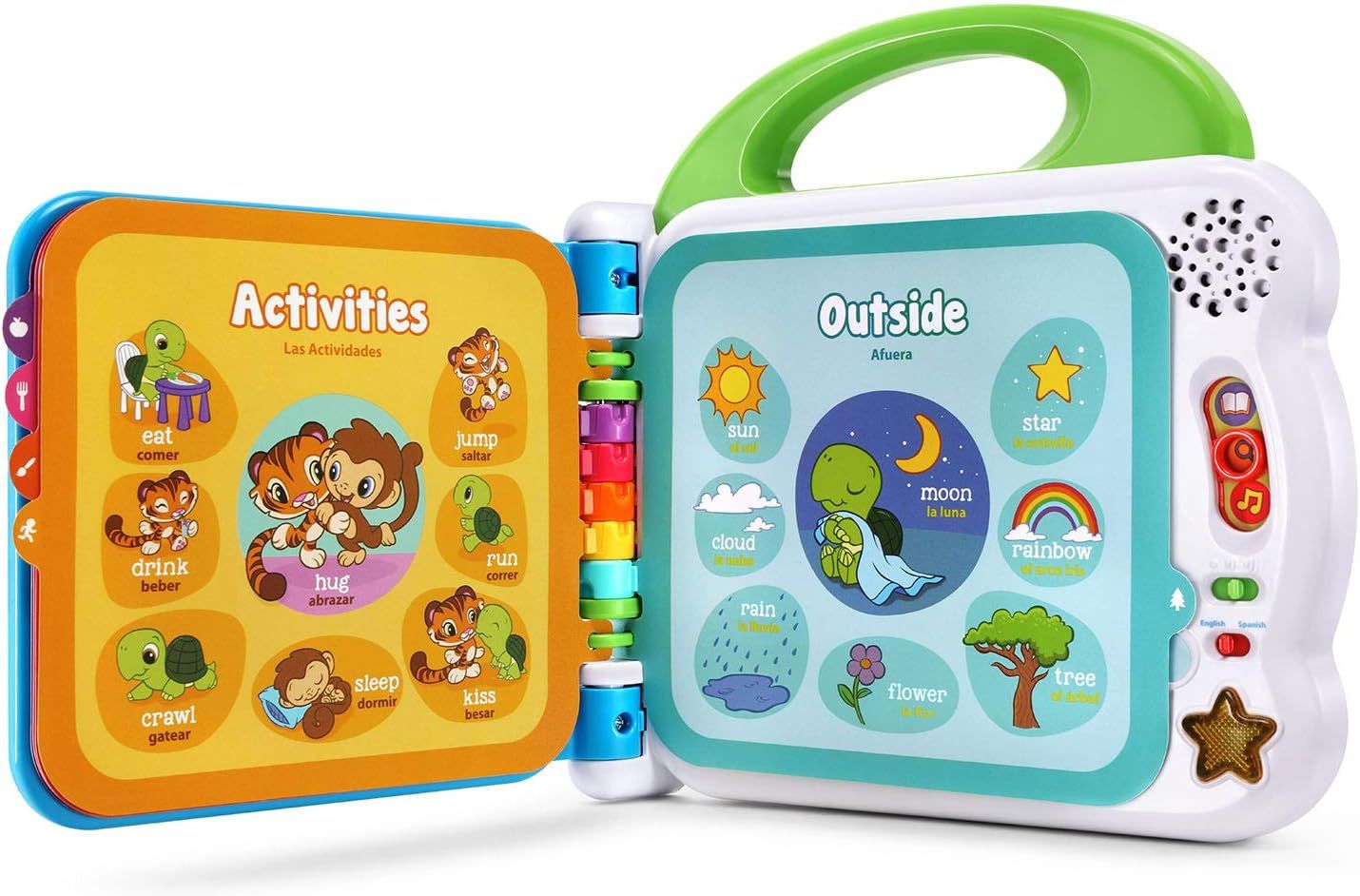 Provides a clear, distraction-free view of the bilingual children's learning book toy showing both pages and interactive features for catalog presentation.