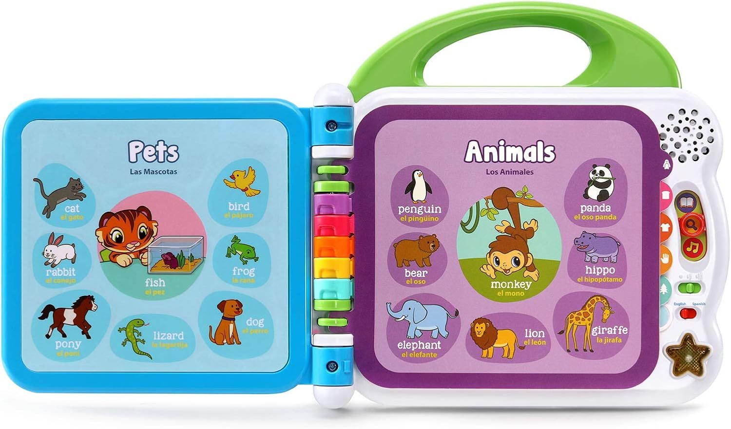 Shows the complete product with both pages visible to demonstrate the bilingual learning content (Pets and Animals) and the interactive sound/music features…