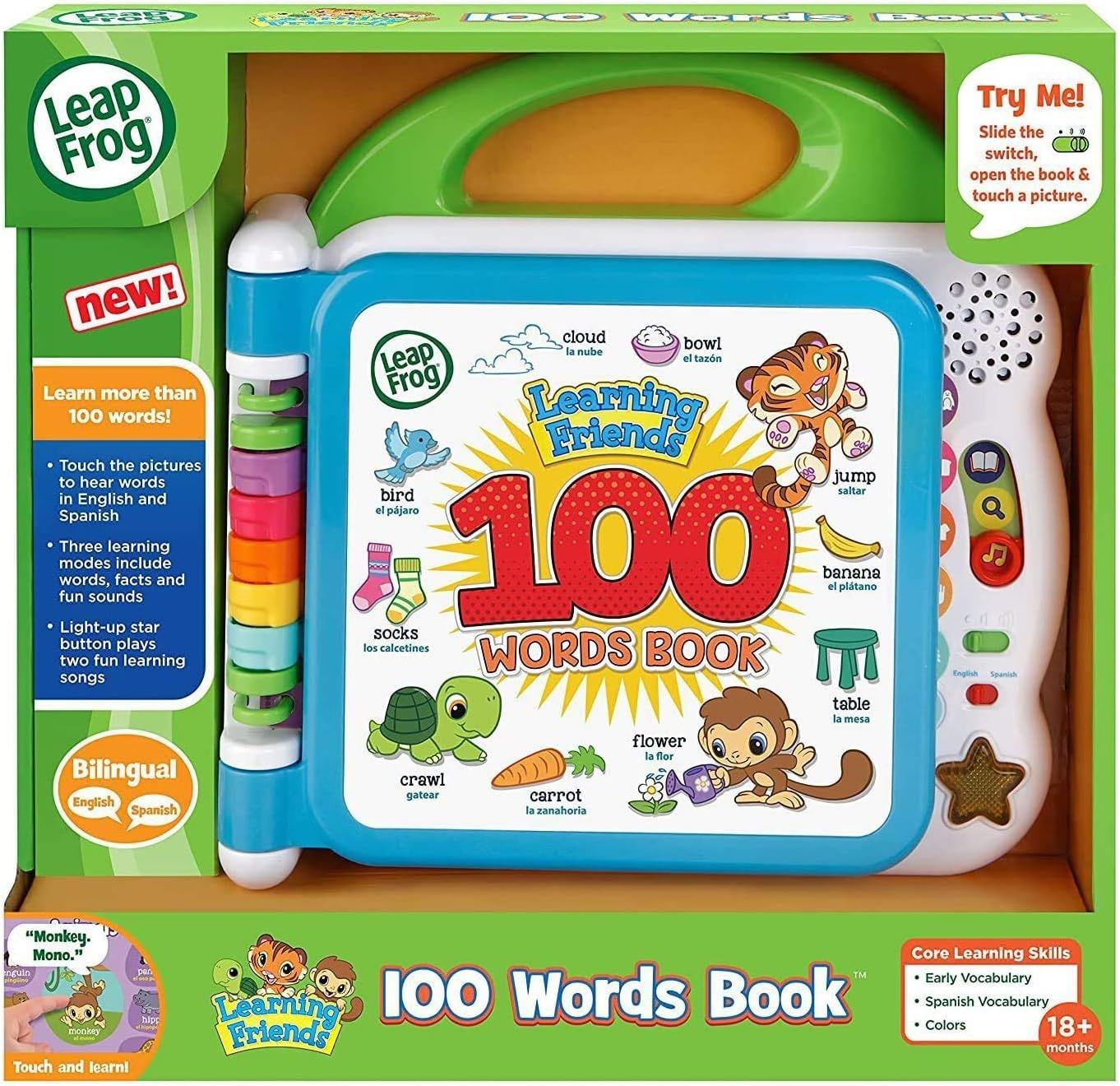 Shows the complete product in its retail packaging, allowing shoppers to see exactly what the LeapFrog 100 Words Book looks like, its interactive features,…