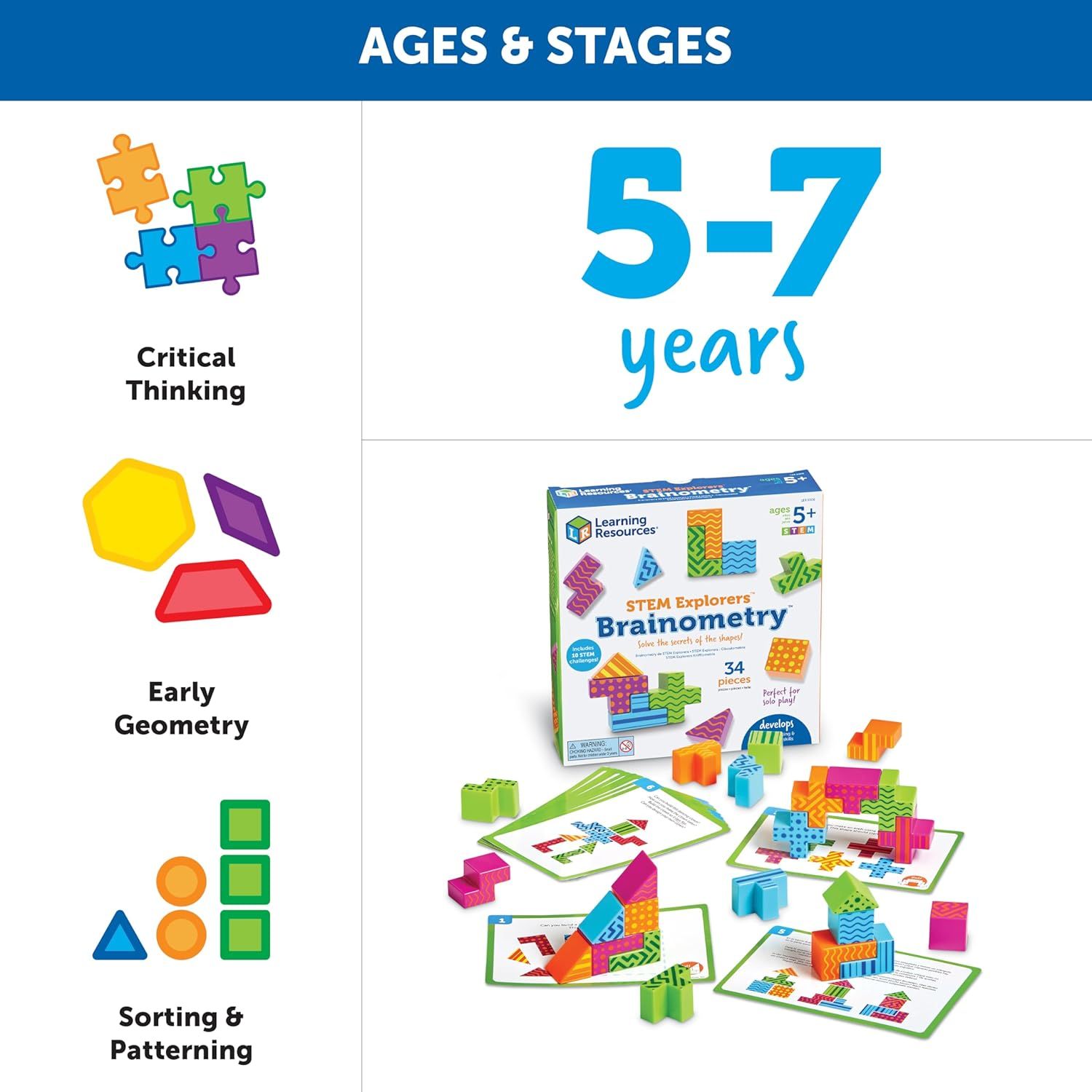 Communicates that the product is designed for children ages 5-7 and develops critical thinking, early geometry, and sorting/patterning skills, reassuring…