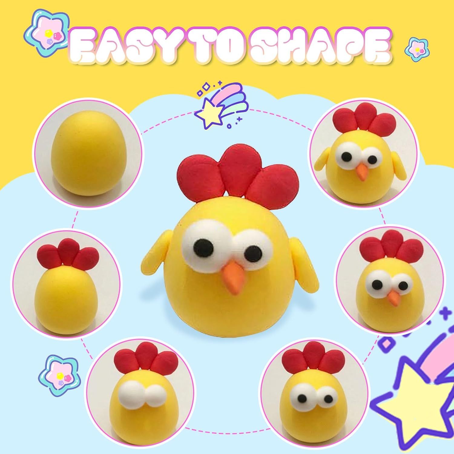 Demonstrates how to shape and assemble modeling clay or dough into a cute chicken character, making the craft activity easy and fun for children or beginners.