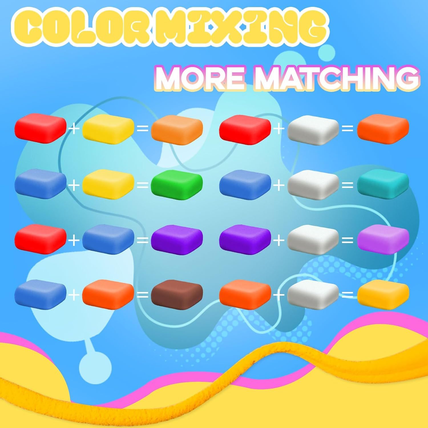 Demonstrates how to play a color-mixing matching game by showing visual equations where combining two colors creates a third color, teaching shoppers the…