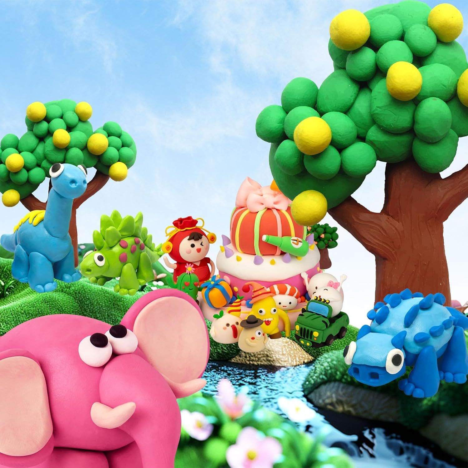 Shows all the components included in this clay/modeling set, demonstrating the variety of characters, animals, trees, and accessories customers will receive…