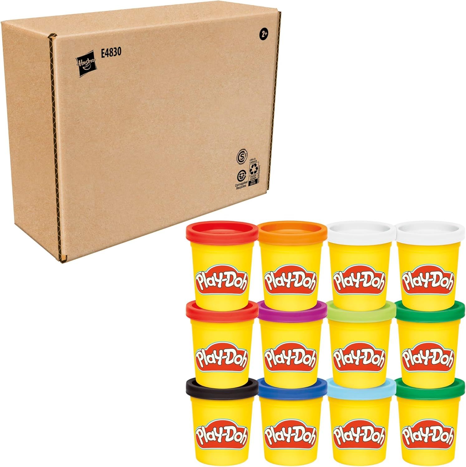 Shows the customer exactly what they will receive in the package: a Hasbro-branded box containing 12 colorful Play-Doh cans with various colored lids, helping…