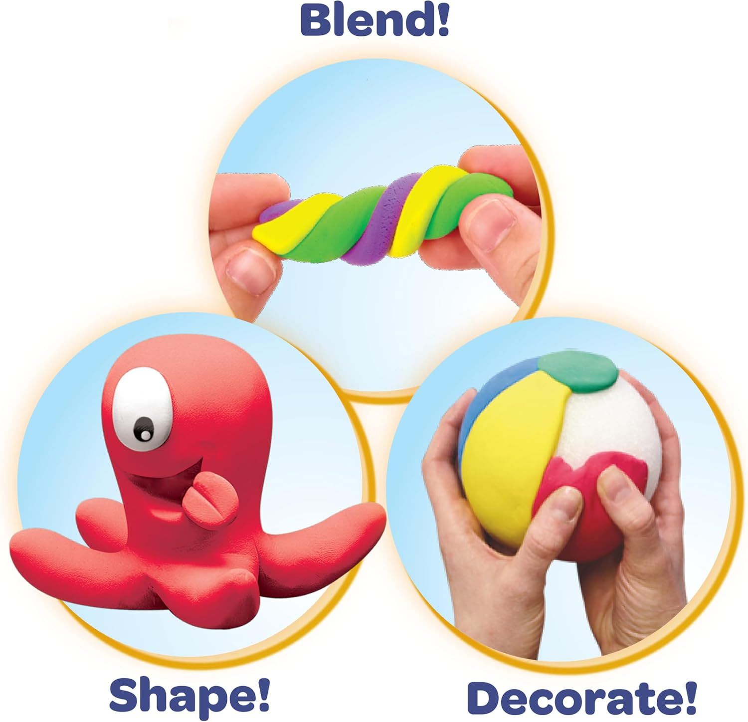 Demonstrates the three-step process for using the product: blending colors together, shaping into forms, and decorating creations, showing shoppers how…