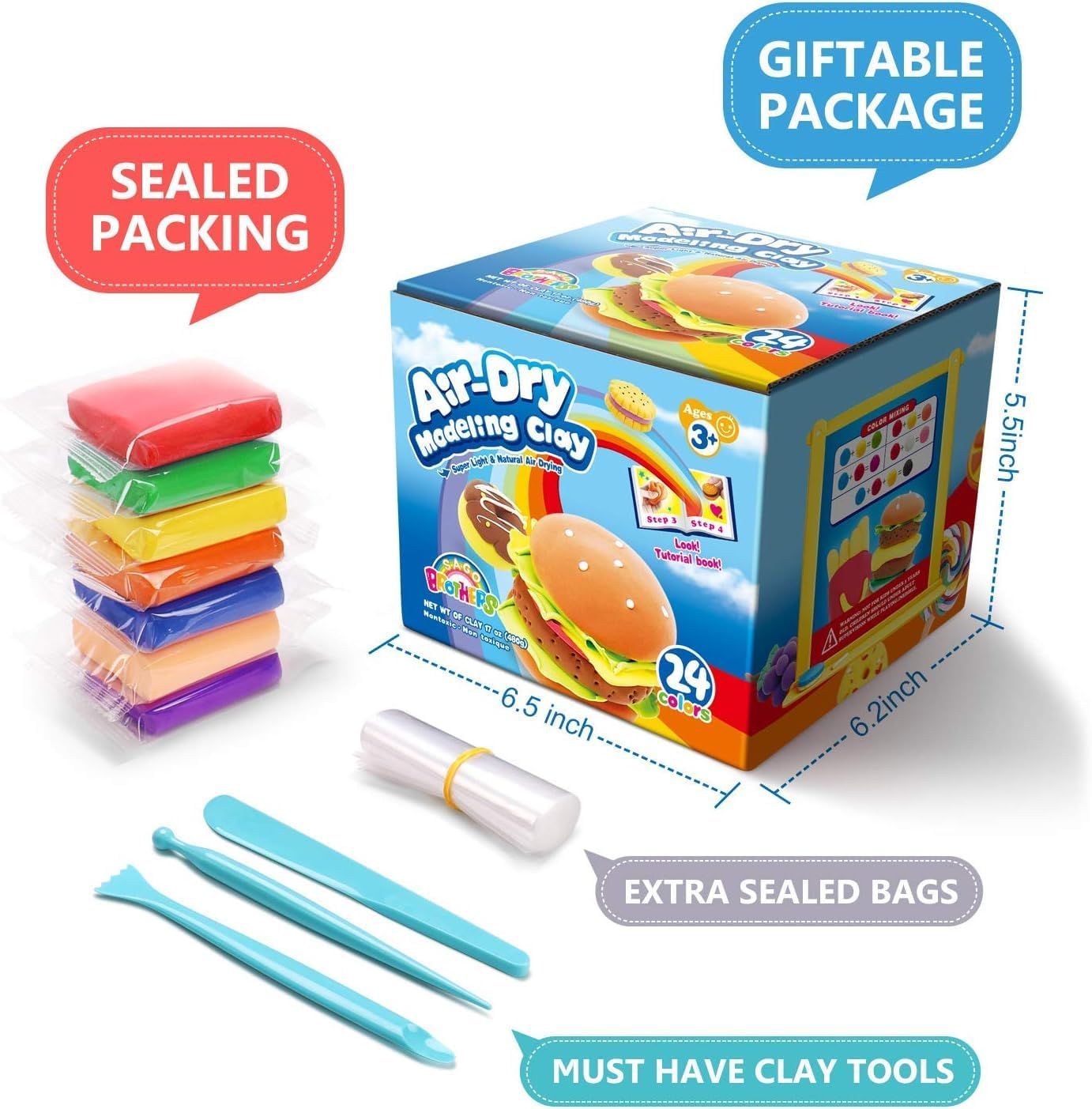 Shows everything included in the modeling clay kit—sealed clay packs in multiple colors, essential clay tools, extra storage bags, and gift-ready packaging—to help shoppers understand the complete…