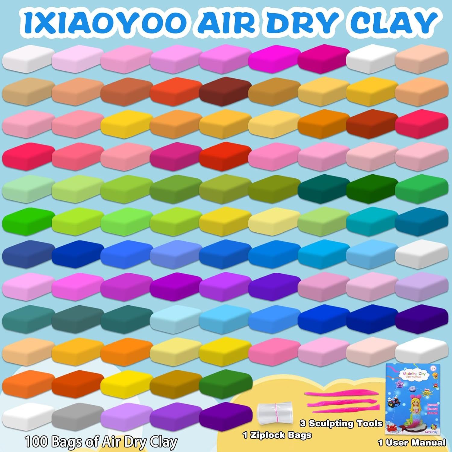 Shows the complete contents of the kit, including 100 bags of air dry clay in various colors, sculpting tools, storage bag, and manual, to help shoppers…