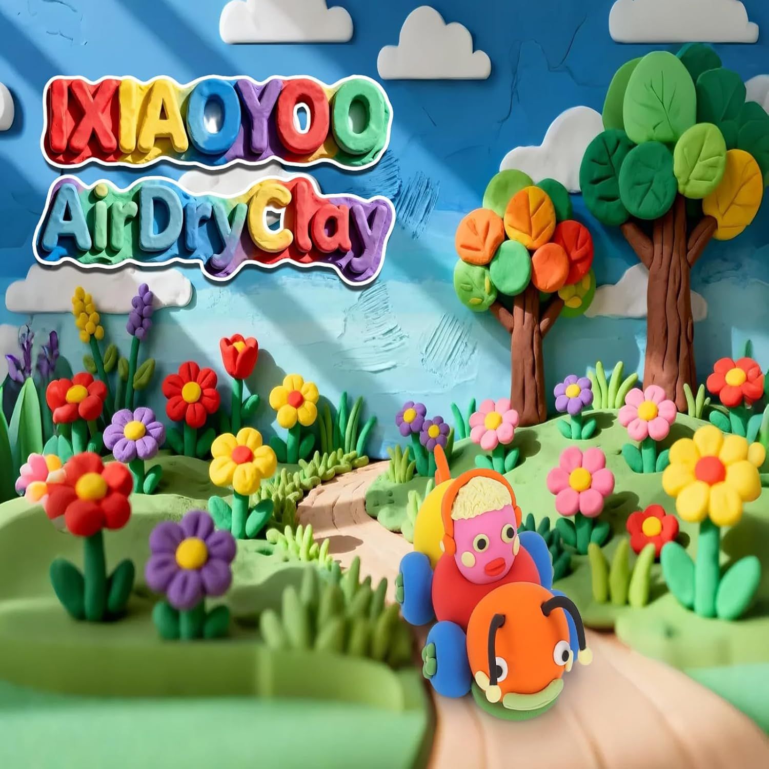 This image establishes brand identity and recognition for IXIAOYOO Air Dry Clay through colorful, playful branding in a whimsical clay-crafted scene that…