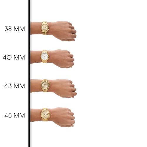 Helps shoppers visualize how different watch case sizes (38mm, 40mm, 43mm, 45mm) will look on their wrist to choose the best fit for their preference.