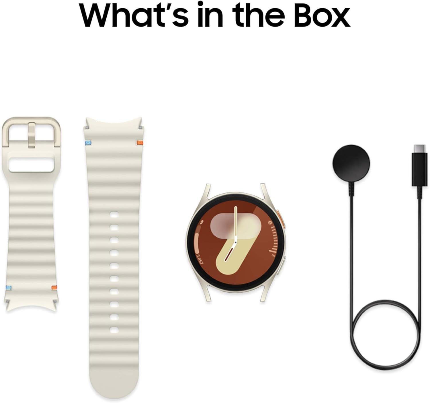 Shows the customer everything included in the purchase: the smartwatch, two watch bands, and a charging cable, providing clarity on what they will receive.