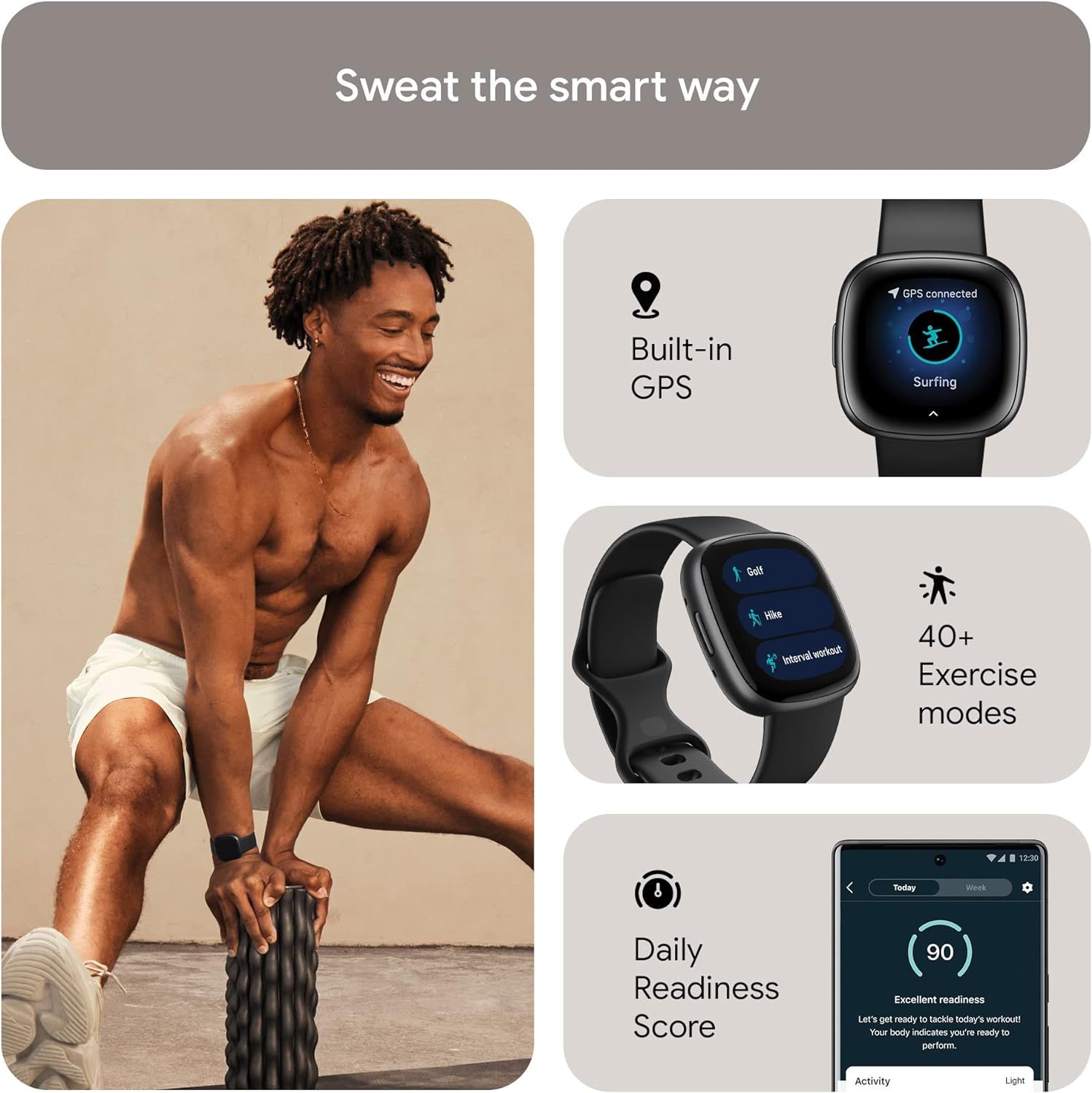 Showcases multiple key features of the fitness smartwatch to demonstrate its comprehensive workout tracking and health monitoring capabilities.
