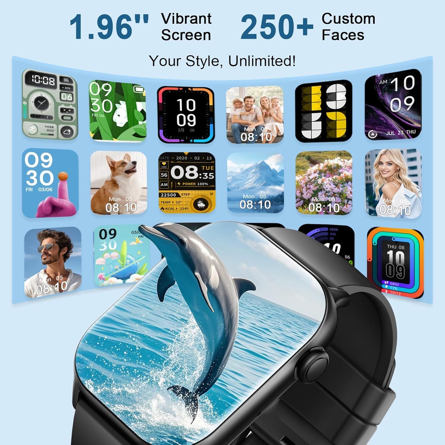 Highlights the smartwatch's large 1.96-inch vibrant screen and extensive customization options (250+ faces) to communicate display quality and personalization…