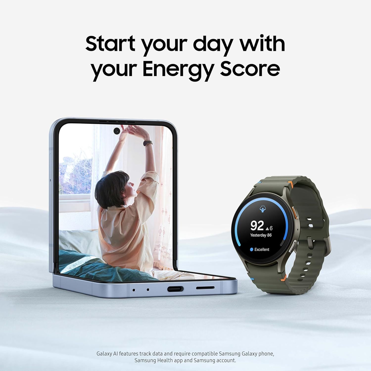 Communicates the product's ability to track and display a daily Energy Score metric, positioning the smartwatch as a wellness companion that helps users start…