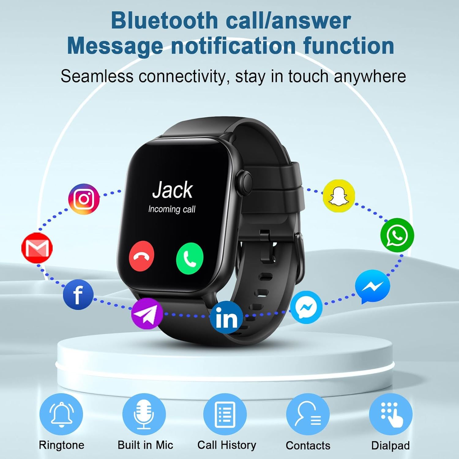 Highlights the smartwatch's Bluetooth calling and message notification capabilities, reassuring shoppers they can stay connected to multiple apps and contacts…