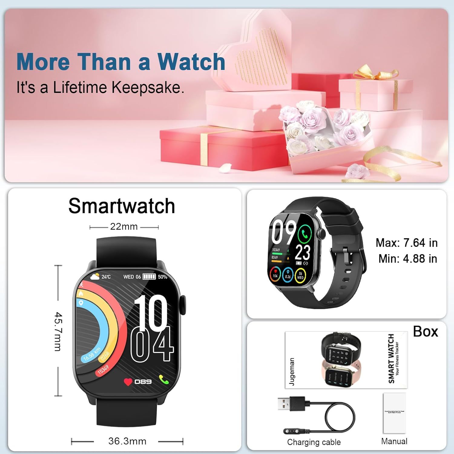 Shows the customer everything included in the box when they purchase the smartwatch, including the watch, charging cable, and manual, to set clear…