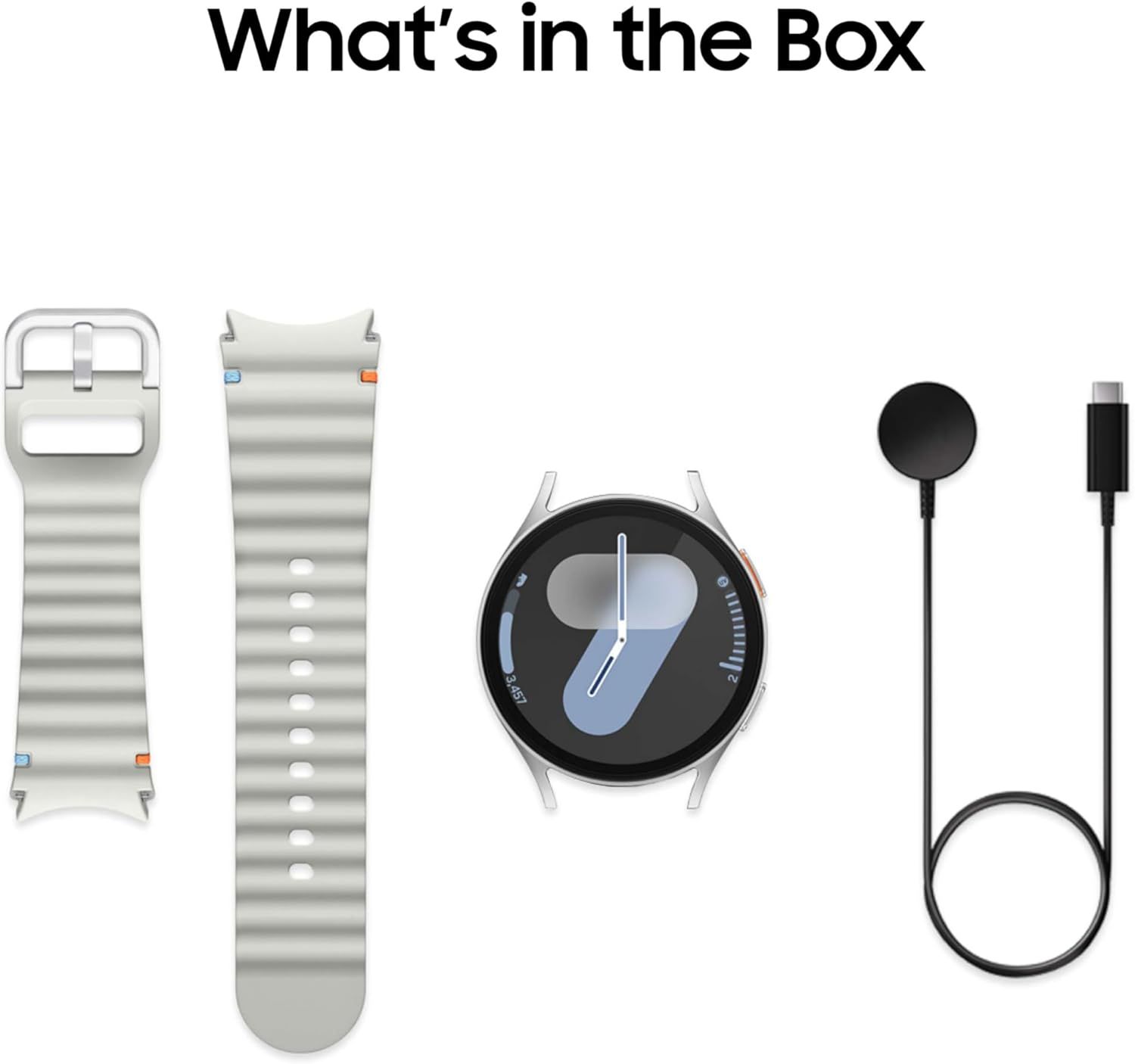 Shows the customer everything included in the purchase: the smartwatch, replacement band, and charging cable, providing clarity on what they will receive.