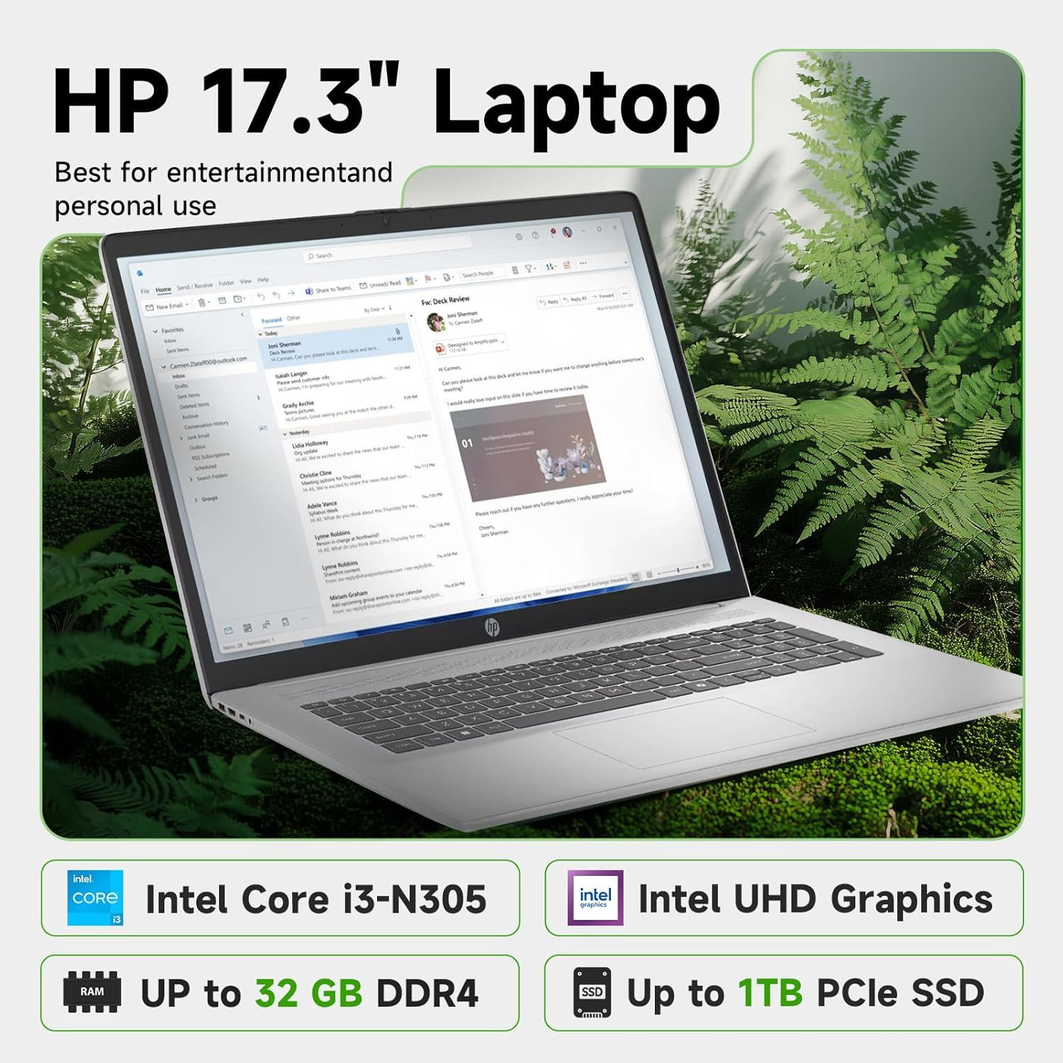 This image showcases multiple key technical specifications and features of the HP laptop in a segmented layout, helping shoppers quickly understand the…