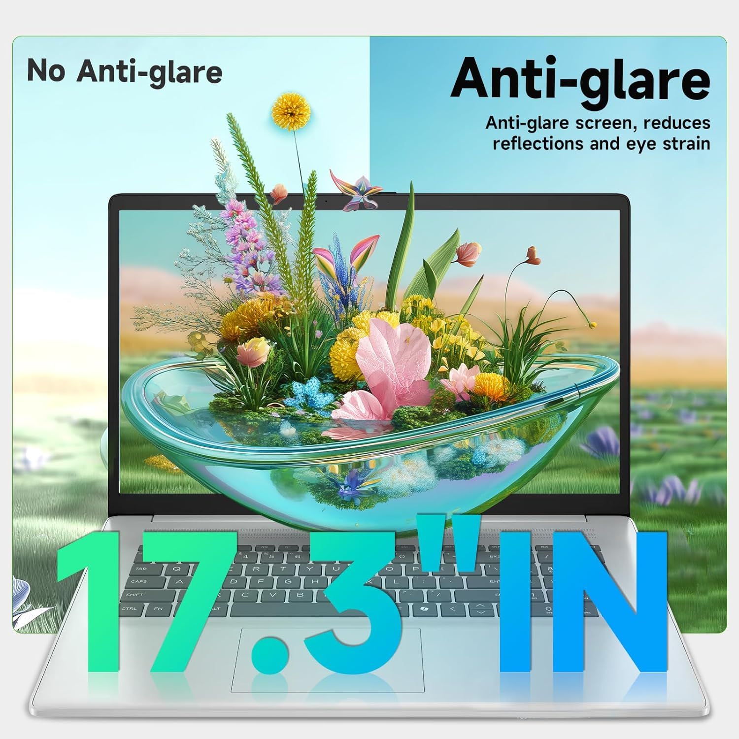 Demonstrates the visual difference between a standard screen (No Anti-glare) and the product's anti-glare screen, showing how the anti-glare feature reduces…
