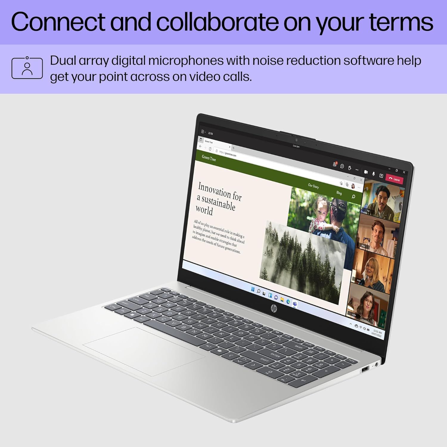 Highlights the laptop's advanced microphone technology with noise reduction software to reassure shoppers that they can communicate clearly and professionally…