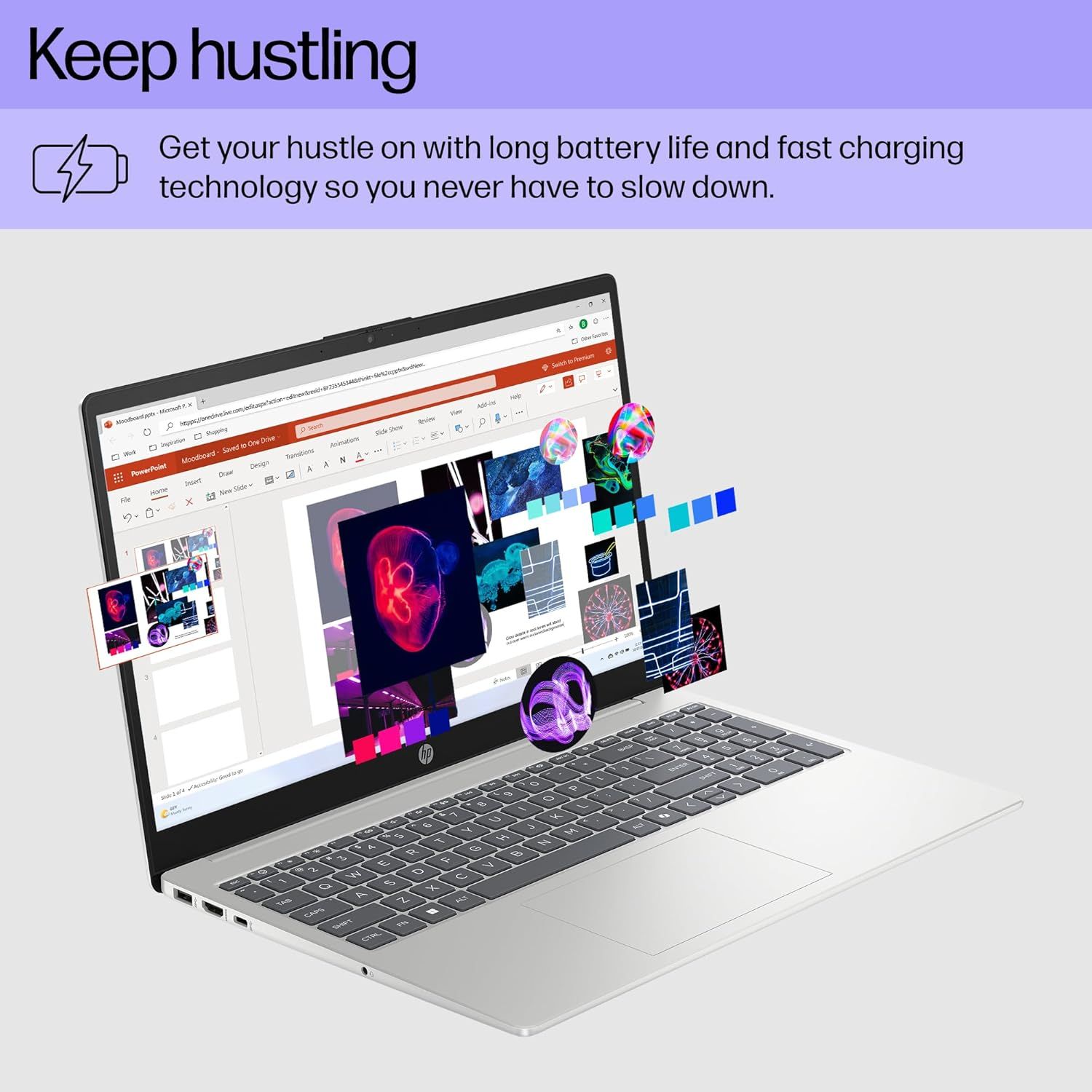 Communicates that the laptop offers both long battery life and fast charging technology, enabling users to work continuously without interruption.