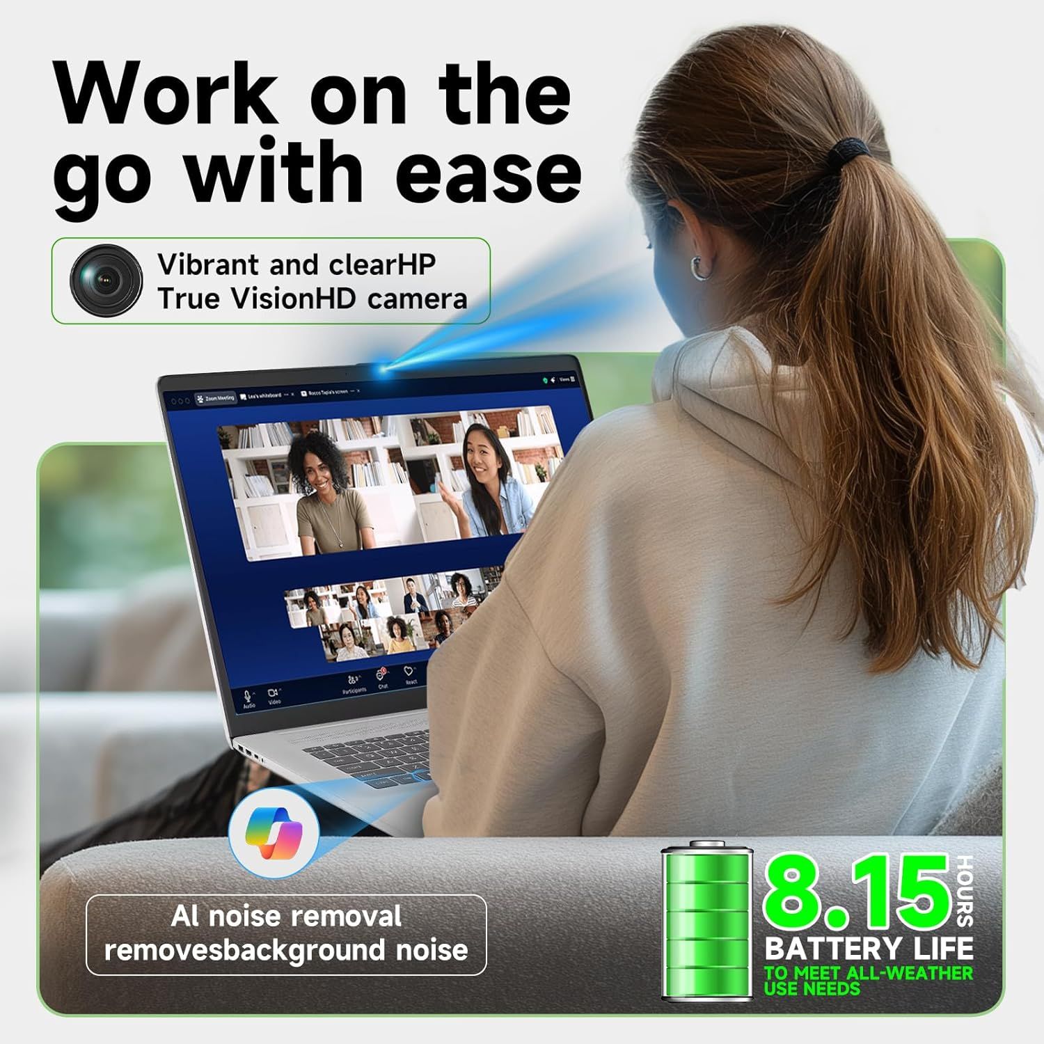 Communicates multiple key benefits of the laptop for remote work: high-quality video camera, AI noise removal for clear audio, and extended battery life for…
