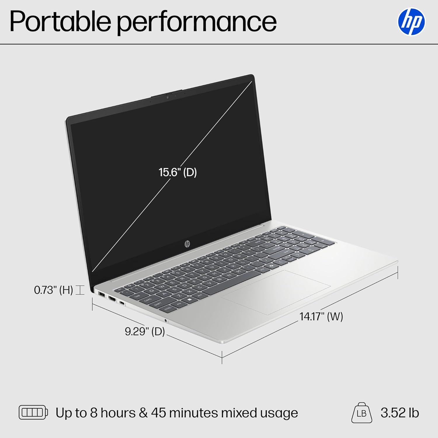 Communicates the exact physical dimensions of the laptop (height, width, depth, screen diagonal) and weight to help shoppers understand its portability and…