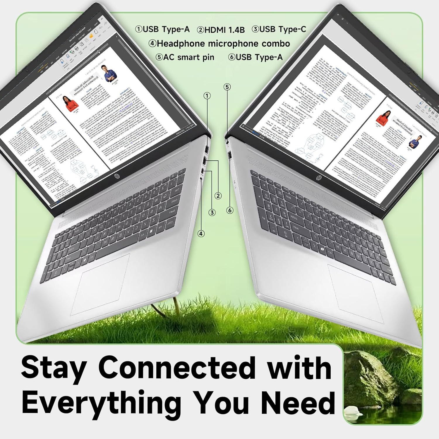 This image identifies and labels the specific ports and connectivity options available on the laptop, helping shoppers understand what devices and peripherals…