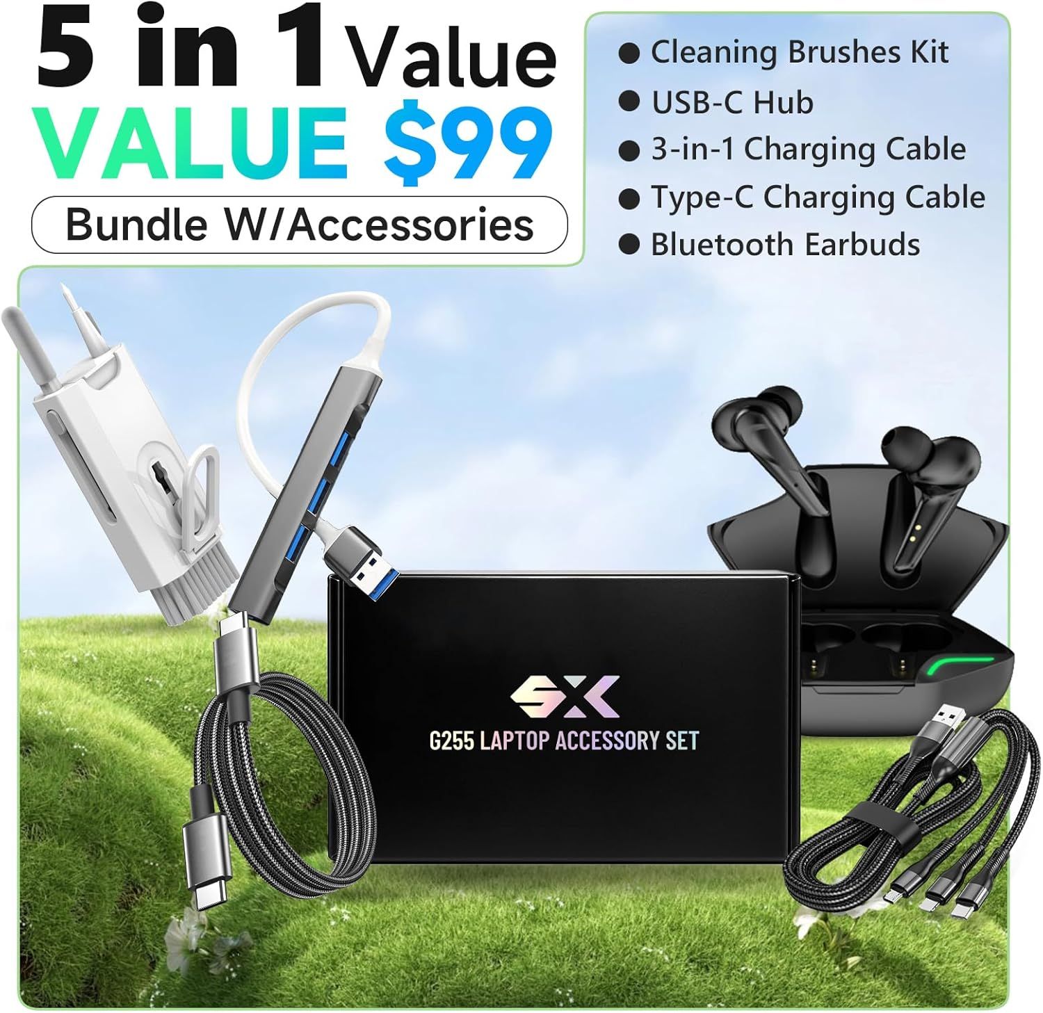 Shows all the accessories and items included in the laptop accessory bundle to communicate the complete value package the customer receives. Highlights the…