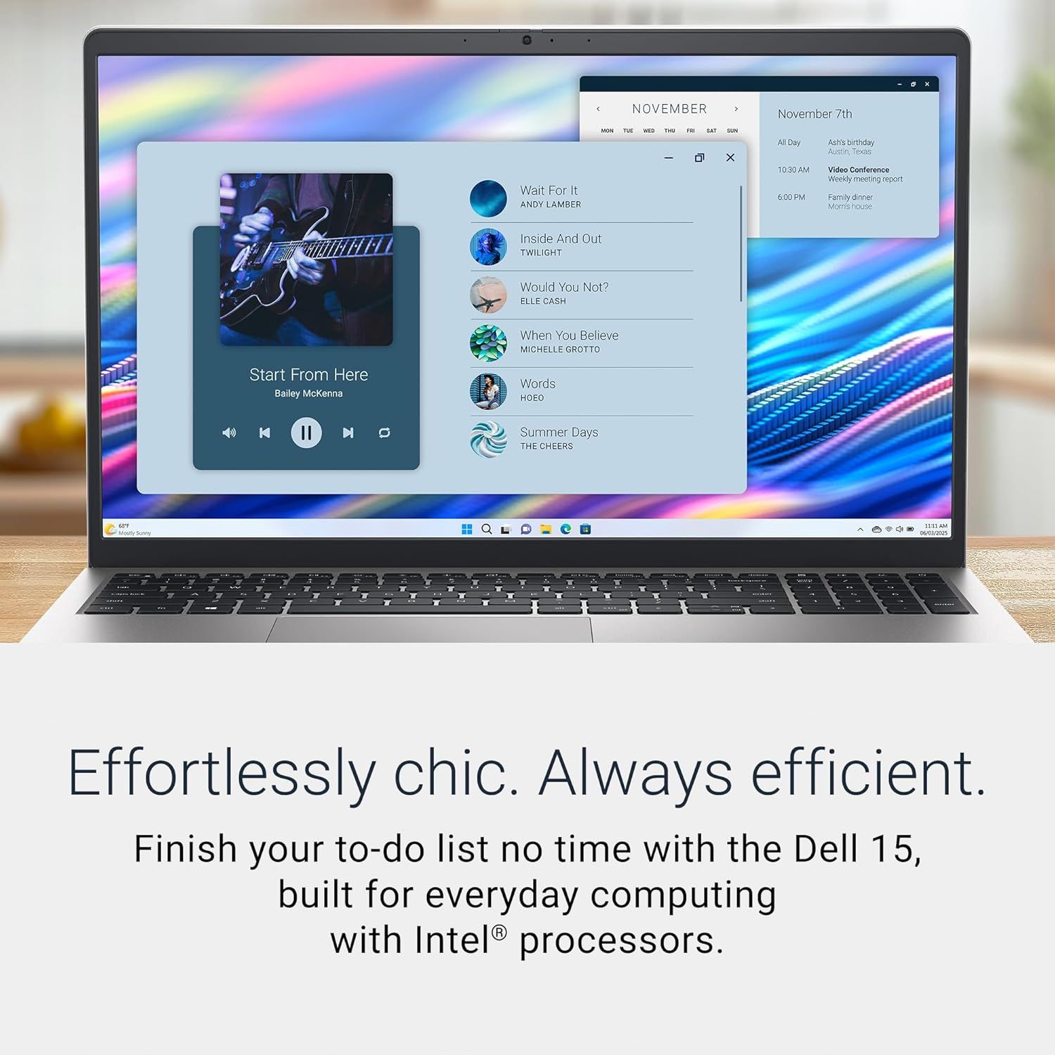 This image communicates Dell's brand identity and product positioning, emphasizing the Dell 15 laptop as a stylish and efficient everyday computing solution…