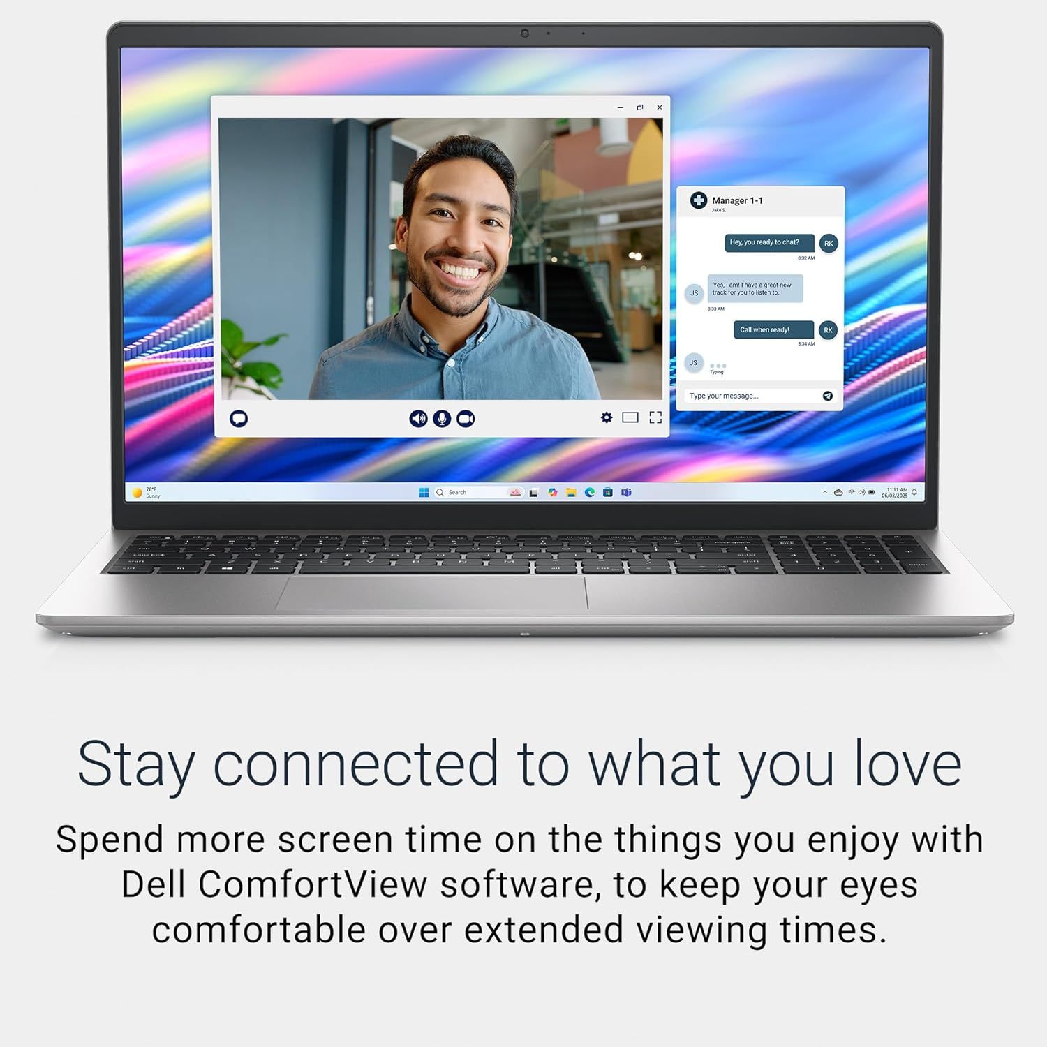 Communicates that the Dell ComfortView software enables comfortable extended screen time, reassuring shoppers concerned about eye strain during long work or…