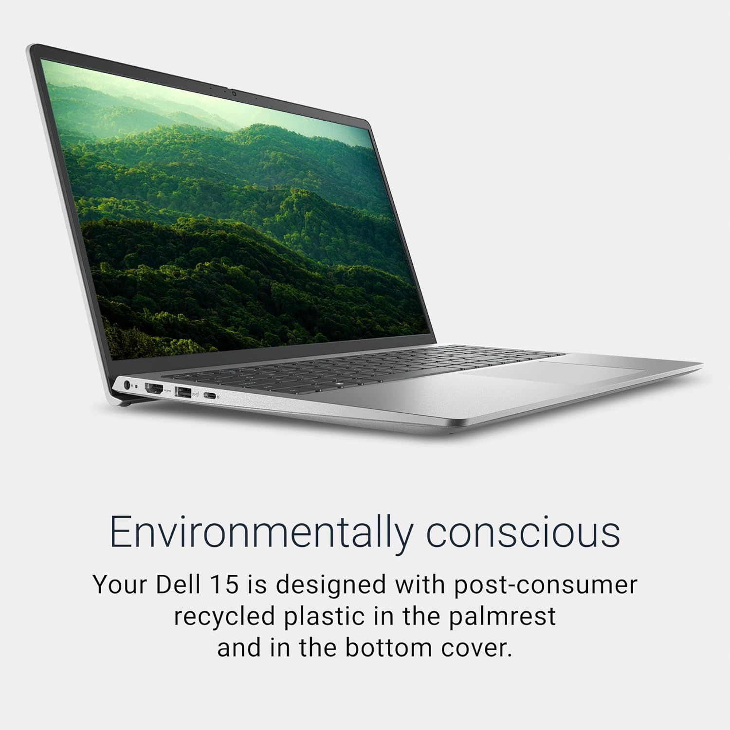 Communicates the laptop's environmental responsibility by highlighting the use of post-consumer recycled plastic in its construction, appealing to…