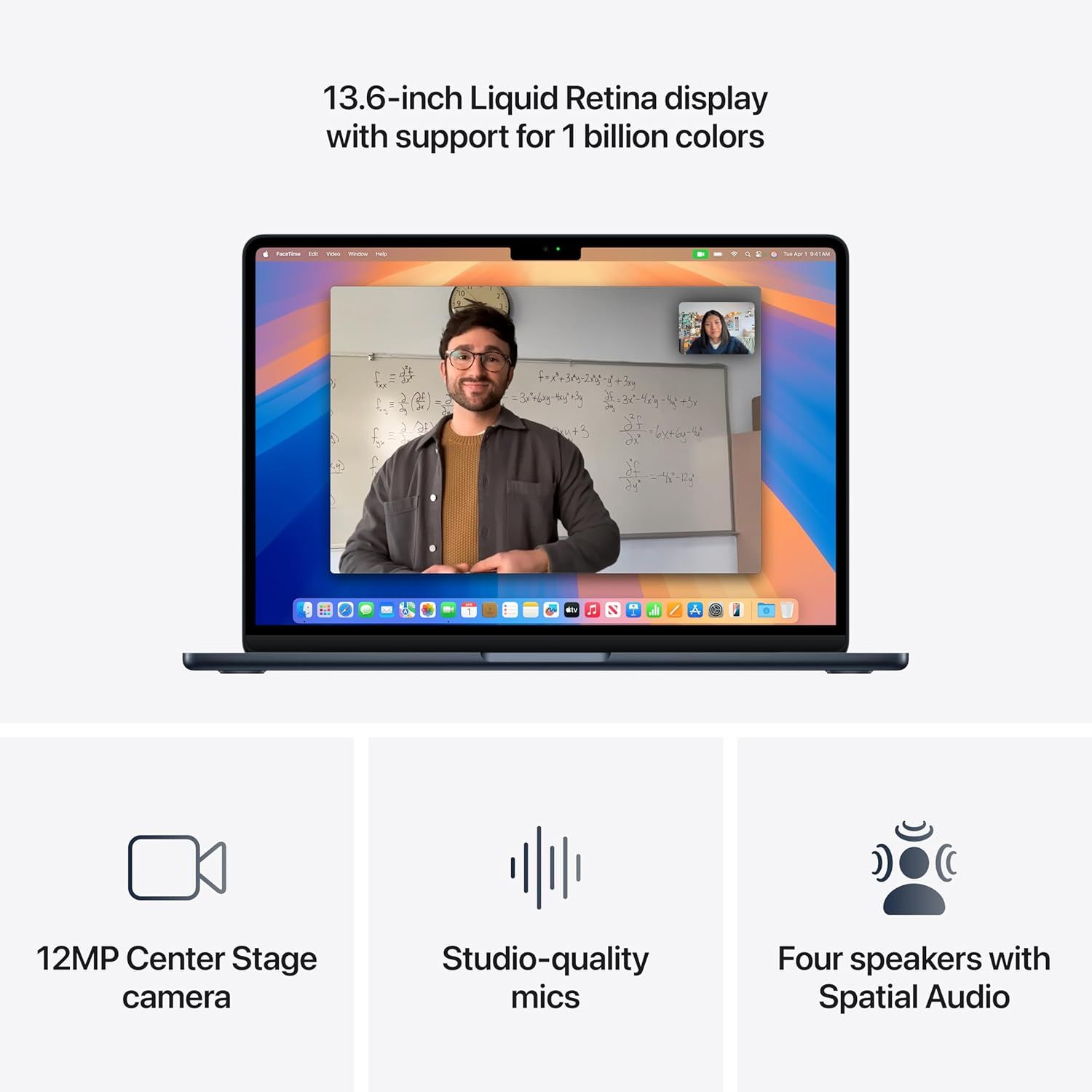 Showcases multiple distinct technical features of the laptop in a segmented layout to communicate the product's comprehensive multimedia and communication…