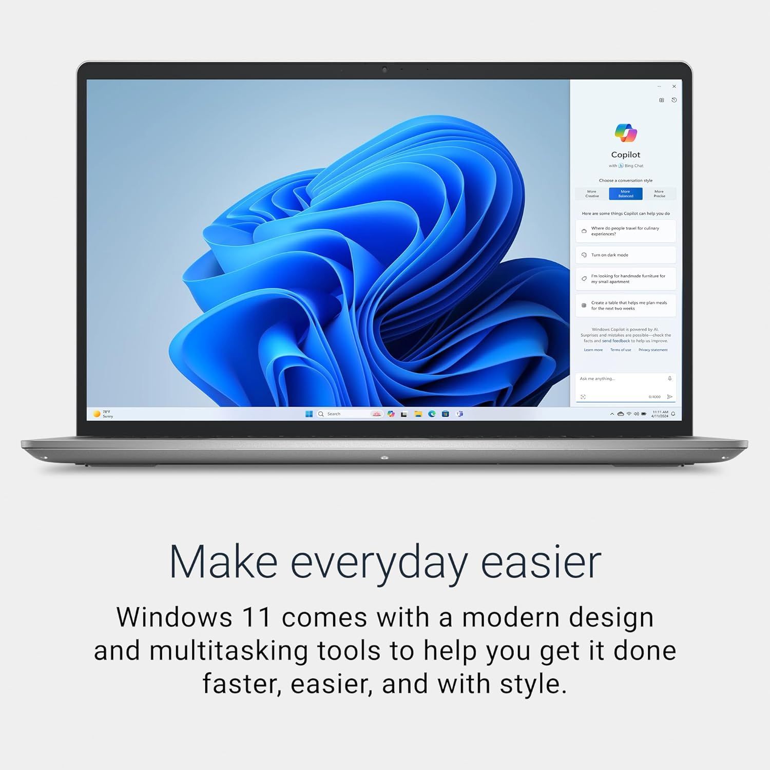Communicates that Windows 11 offers a modern, stylish design with multitasking capabilities to help users work more efficiently and get tasks done faster.